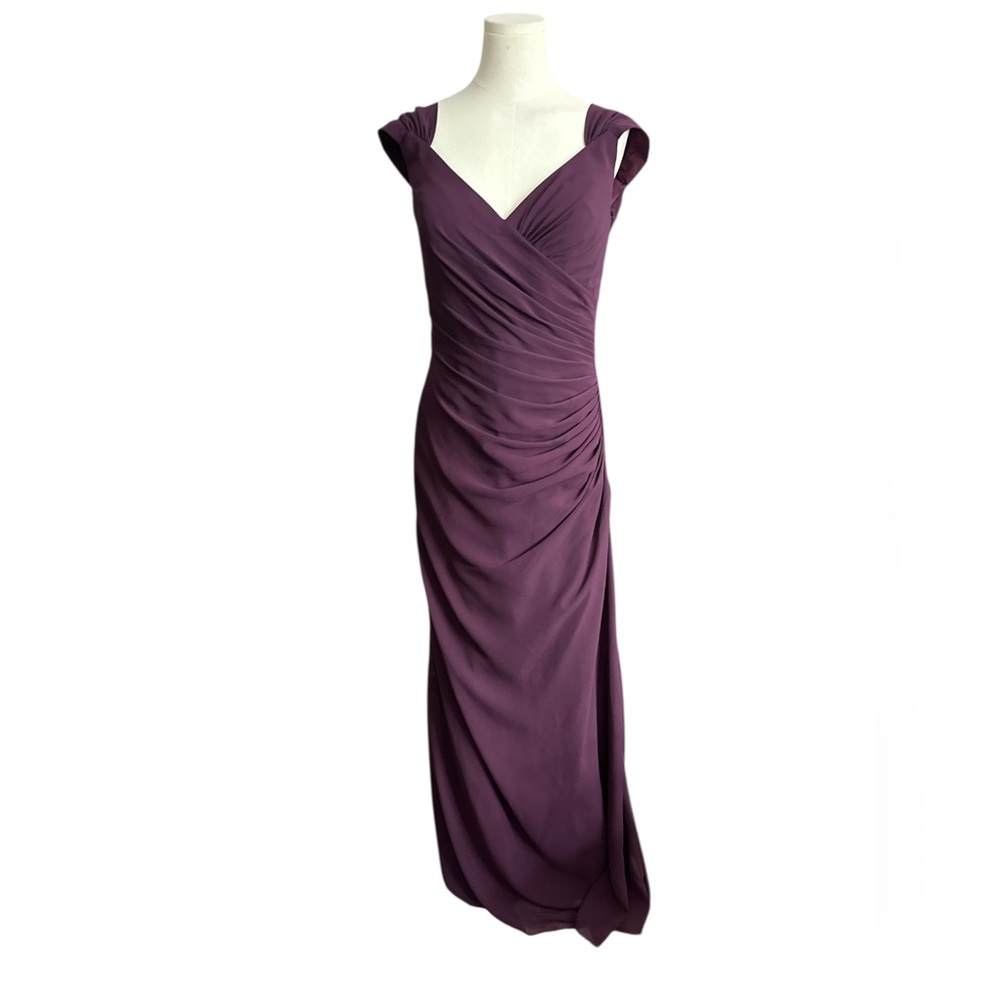 Christina Wu Deep Plum Ruched V‑Neck Maxi Gown